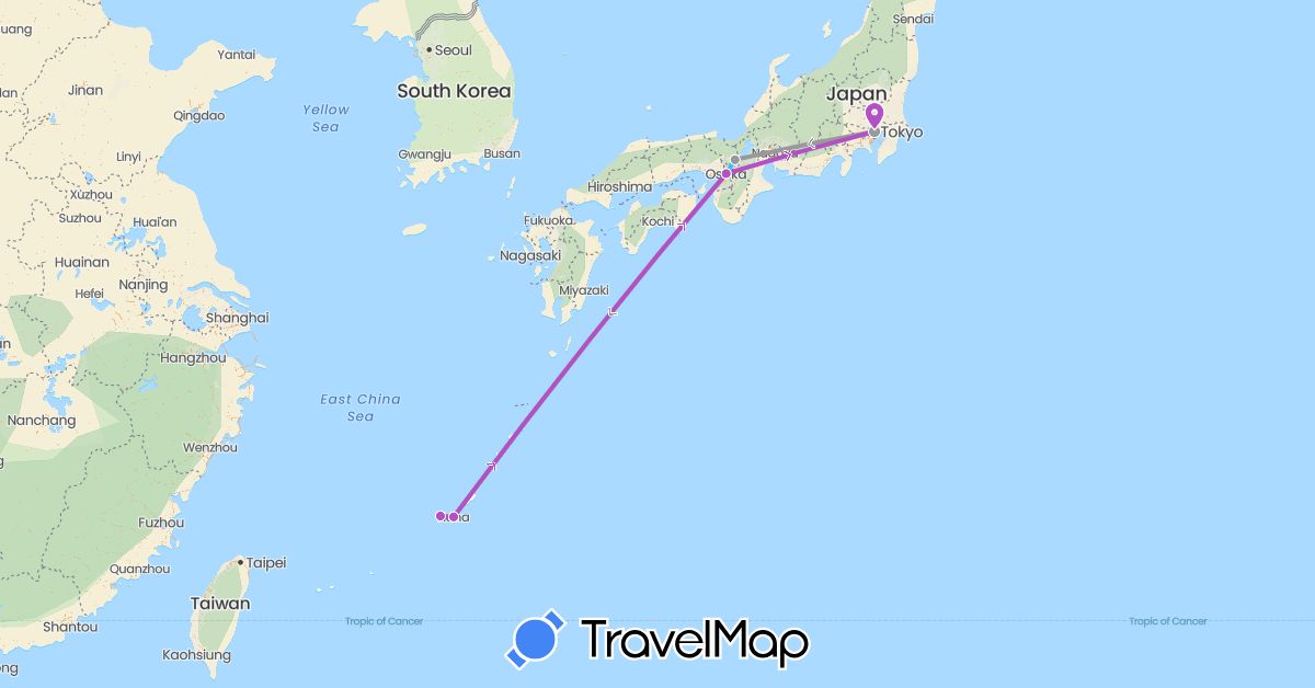 TravelMap itinerary: driving, plane, train in Japan (Asia)
